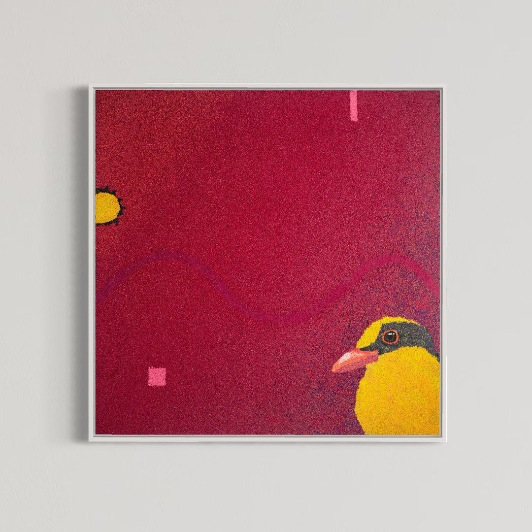 30"x30" abstract piece using crushed volcanic rock and acrylic paint with a bird and abstract forms over a red background. 
