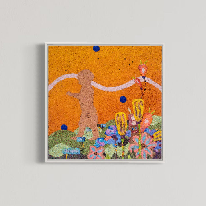 20"x20" abstract piece using crushed volcanic rock and acrylic paint with a child&