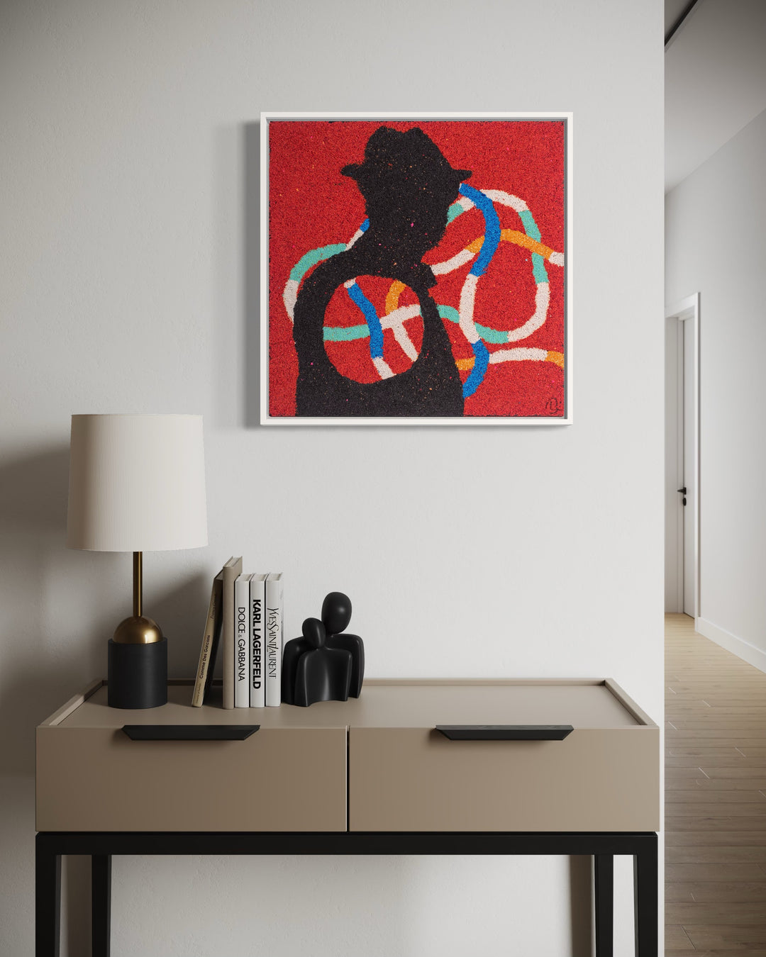 20"x20" abstract piece using crushed volcanic rock and acrylic paint with a silhouette of a man over abstract forms and a red background.  