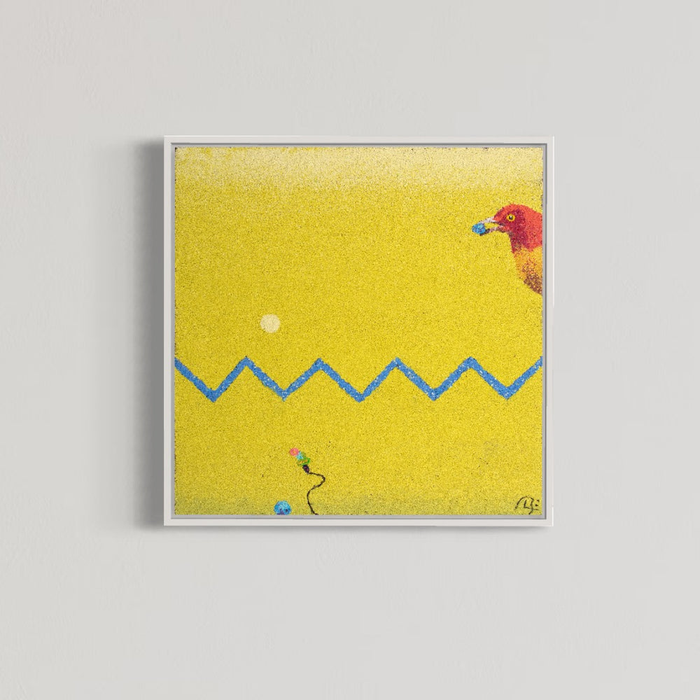 20"x20" abstract piece using crushed volcanic rock and acrylic paint with a bird and abstract forms over a yellow background. 