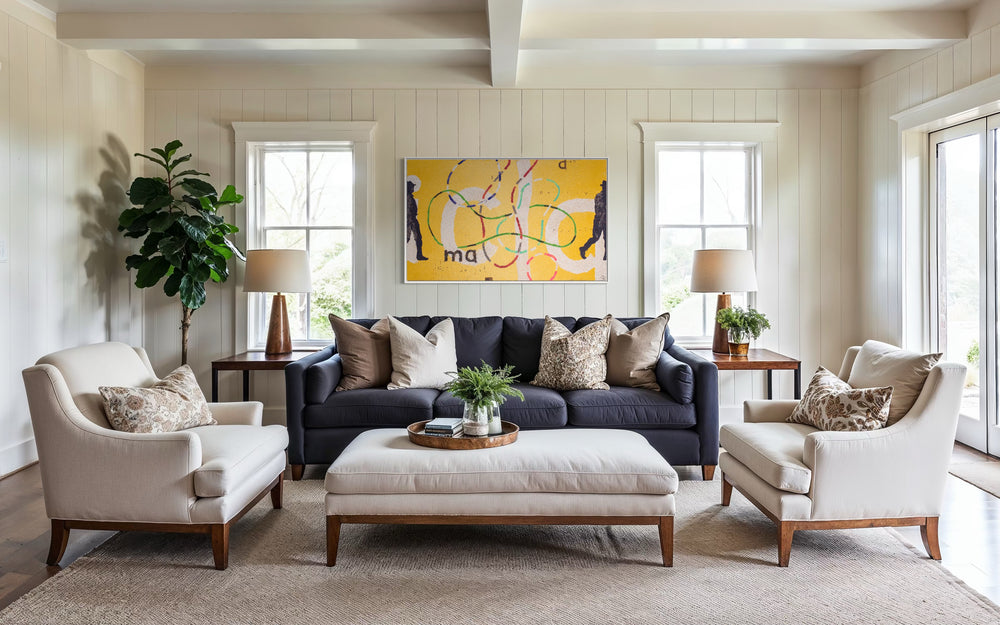 36"x60" abstract piece using crushed volcanic rock and acrylic paint featuring abstract forms over yellow background. 
