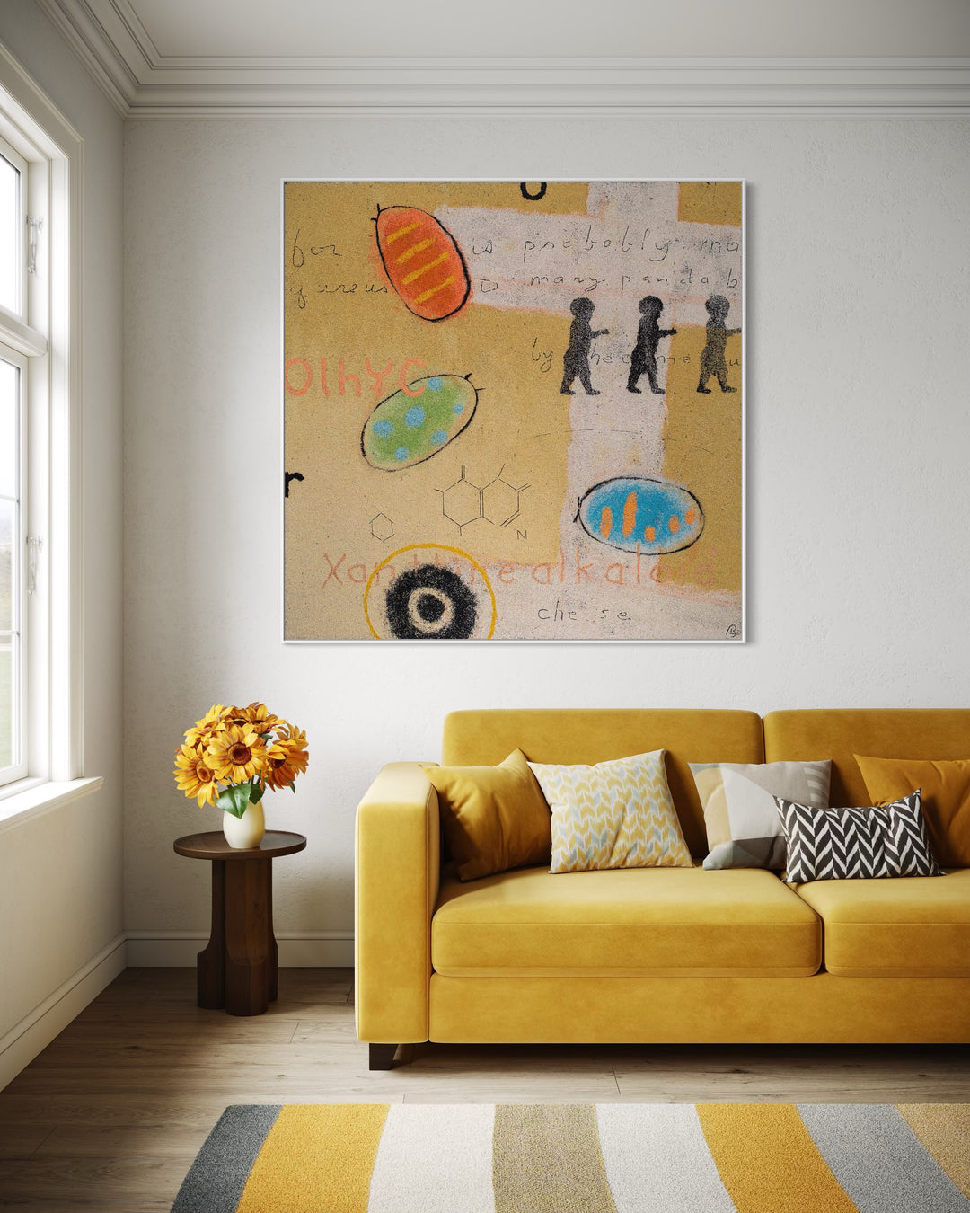 60"x60" abstract piece using crushed volcanic rock and acrylic paint with abstract forms over a yellow background. 