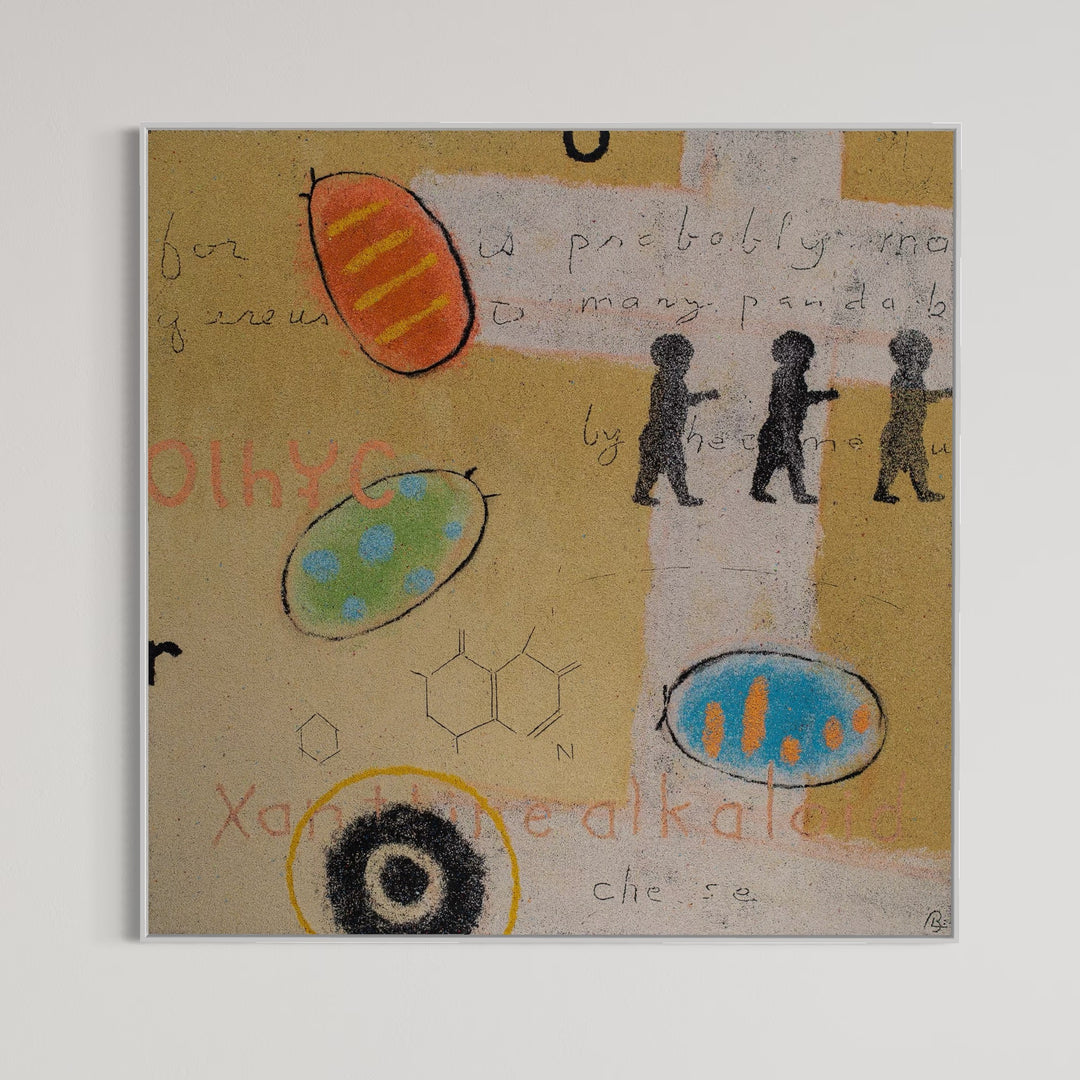60"x60" abstract piece using crushed volcanic rock and acrylic paint with abstract forms over a yellow background. 