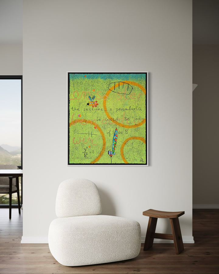 23"x23" abstract piece using crushed volcanic rock and acrylic paint with greens, yellows and blue. 