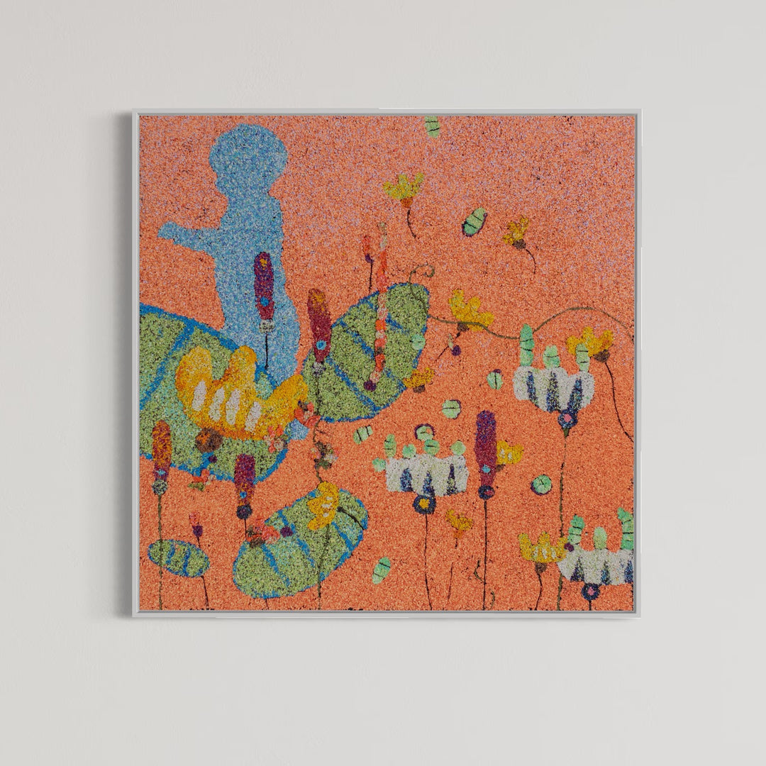 20"x20" abstract piece using crushed volcanic rock and acrylic paint with a child&