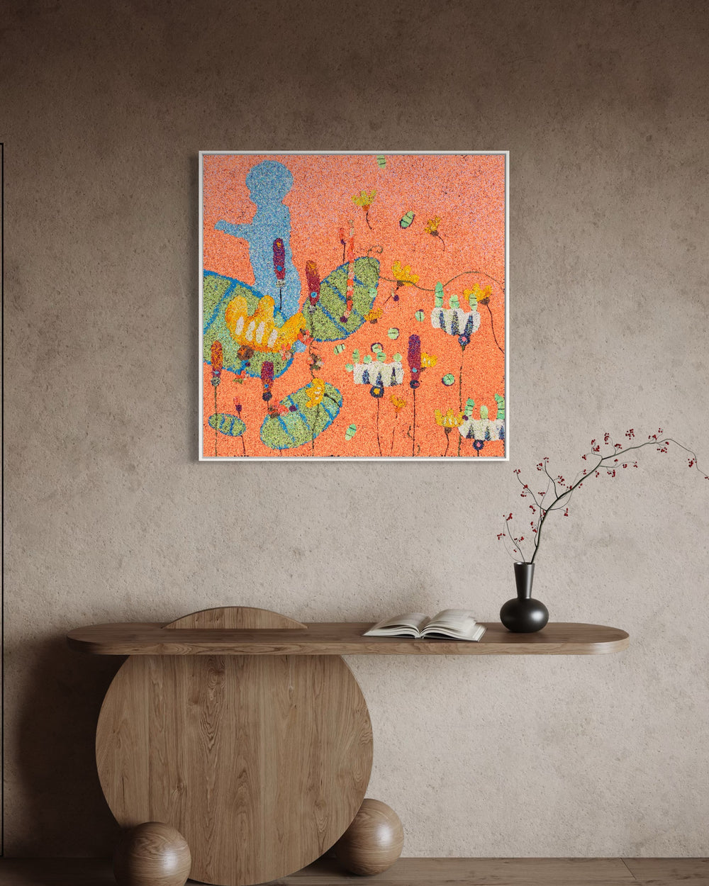 20"x20" abstract piece using crushed volcanic rock and acrylic paint with a child's silhouette over abstract forms and an orange background. 