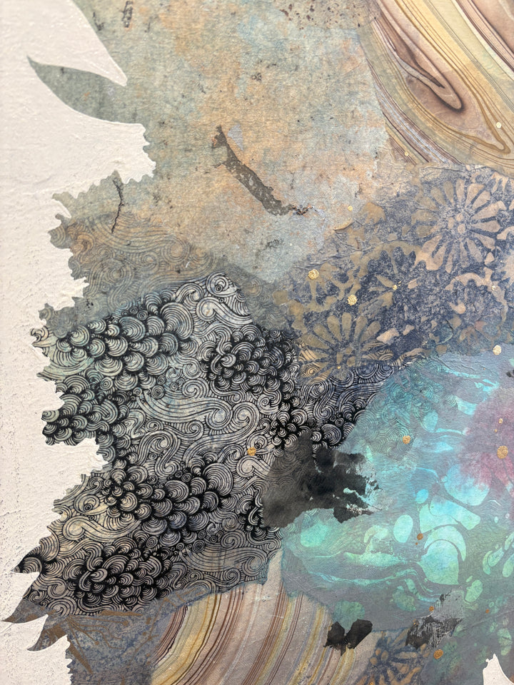 "Born to Bloom" by Christopher Peter — a mixed-media collage painting on canvas depicting a woman&