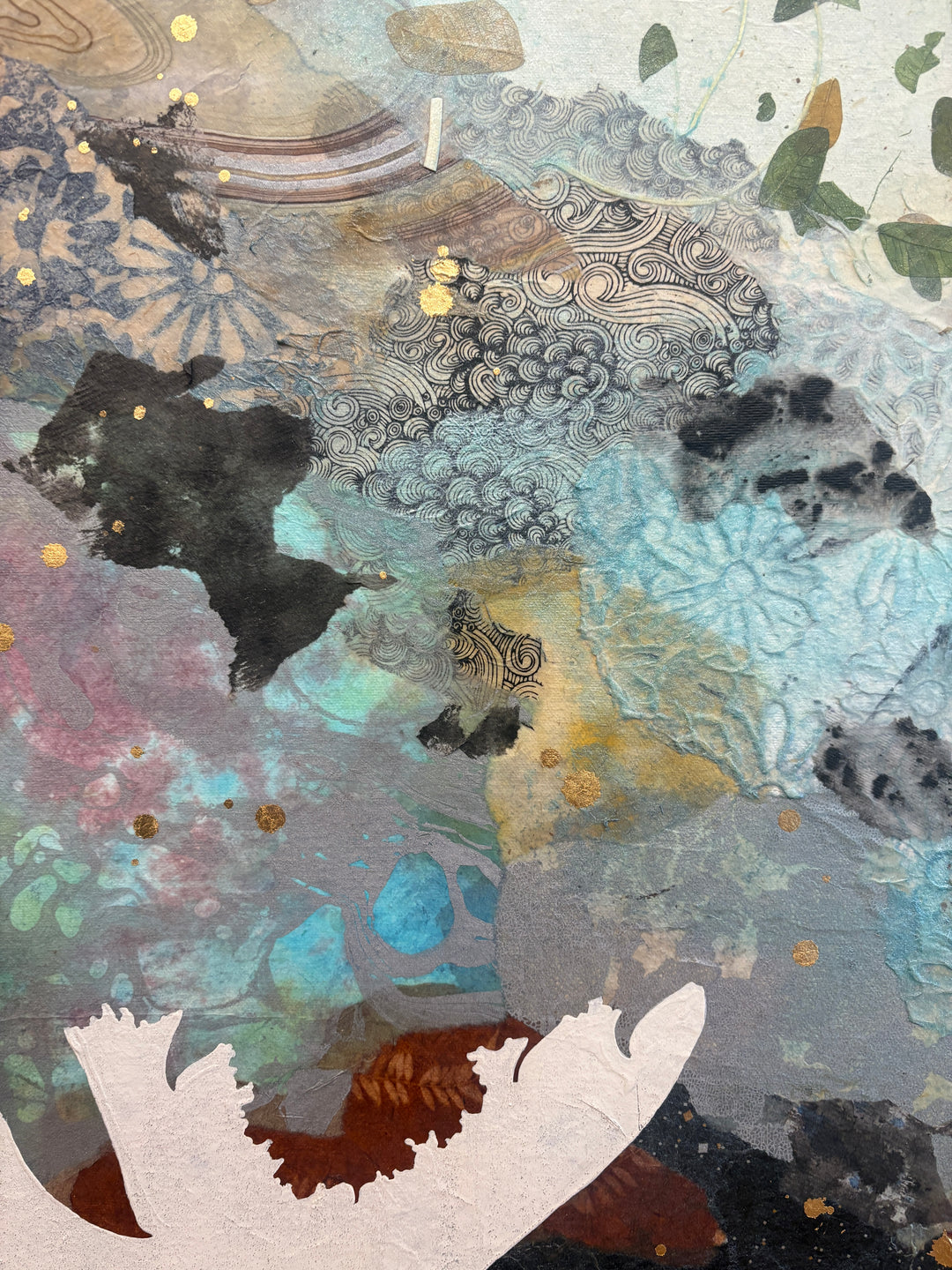 "Born to Bloom" by Christopher Peter — a mixed-media collage painting on canvas depicting a woman&