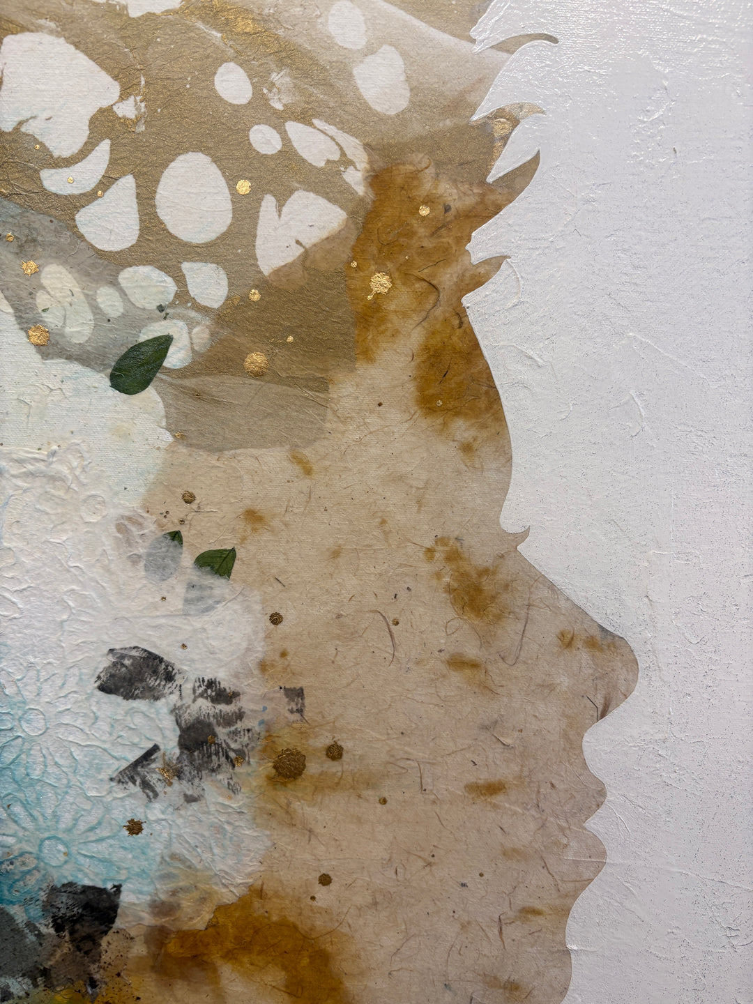 "Born to Bloom" by Christopher Peter — a mixed-media collage painting on canvas depicting a woman&