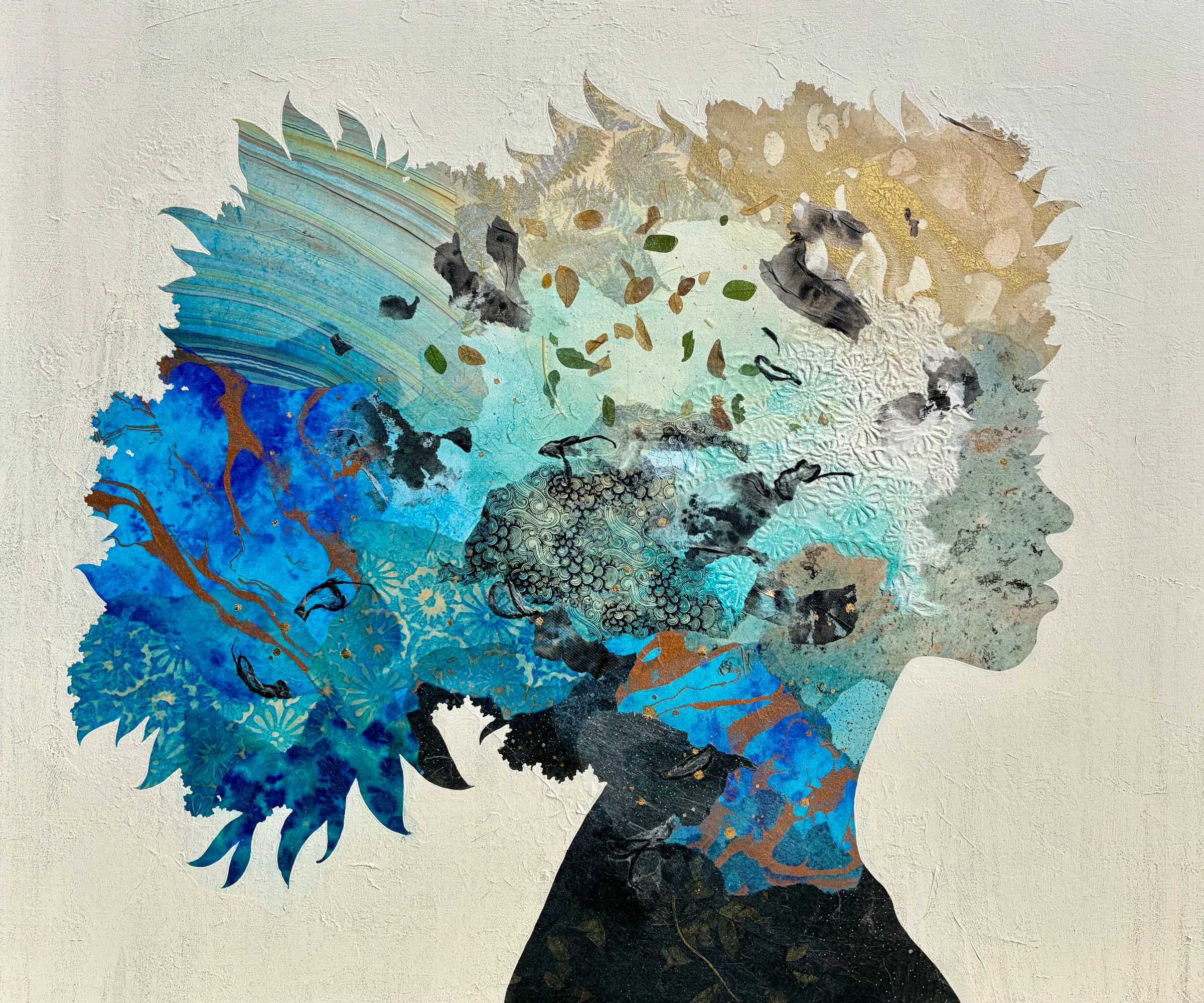 "Born to Bloom" by Christopher Peter — a mixed-media collage painting on canvas depicting a woman's silhouette filled with an explosive botanical dreamscape of blue florals, scattered leaves, gold accents, and layered textures in teal, cobalt, and ivory against a soft plaster-textured background. A breathtaking celebration of feminine strength, nature, and inner beauty. Original contemporary mixed-media botanical portrait painting on canvas available at Morton Contemporary gallery.