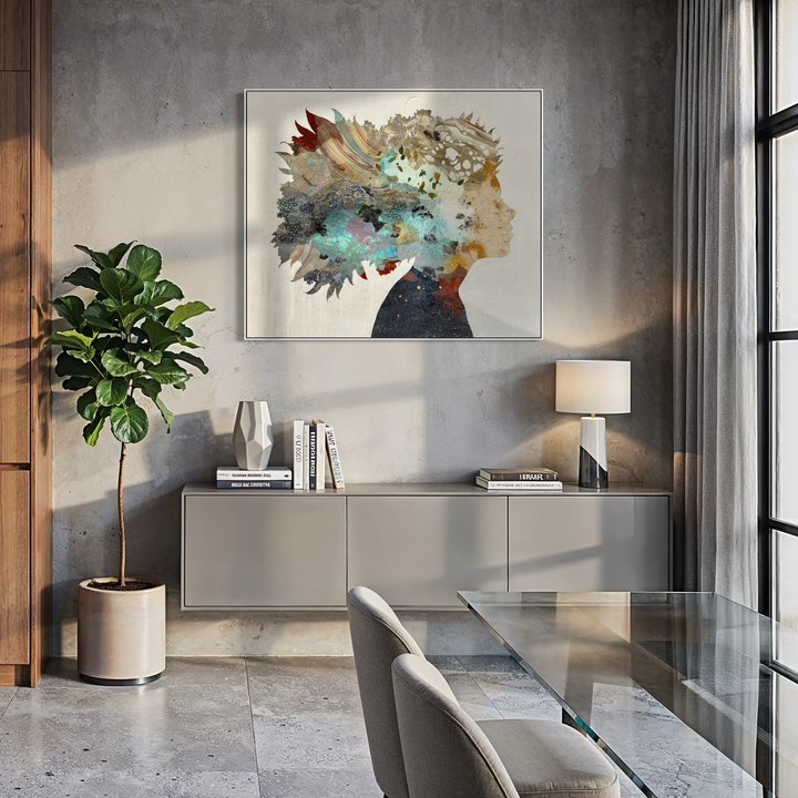 "Born to Bloom" by Christopher Peter — a mixed-media collage painting on canvas depicting a woman&