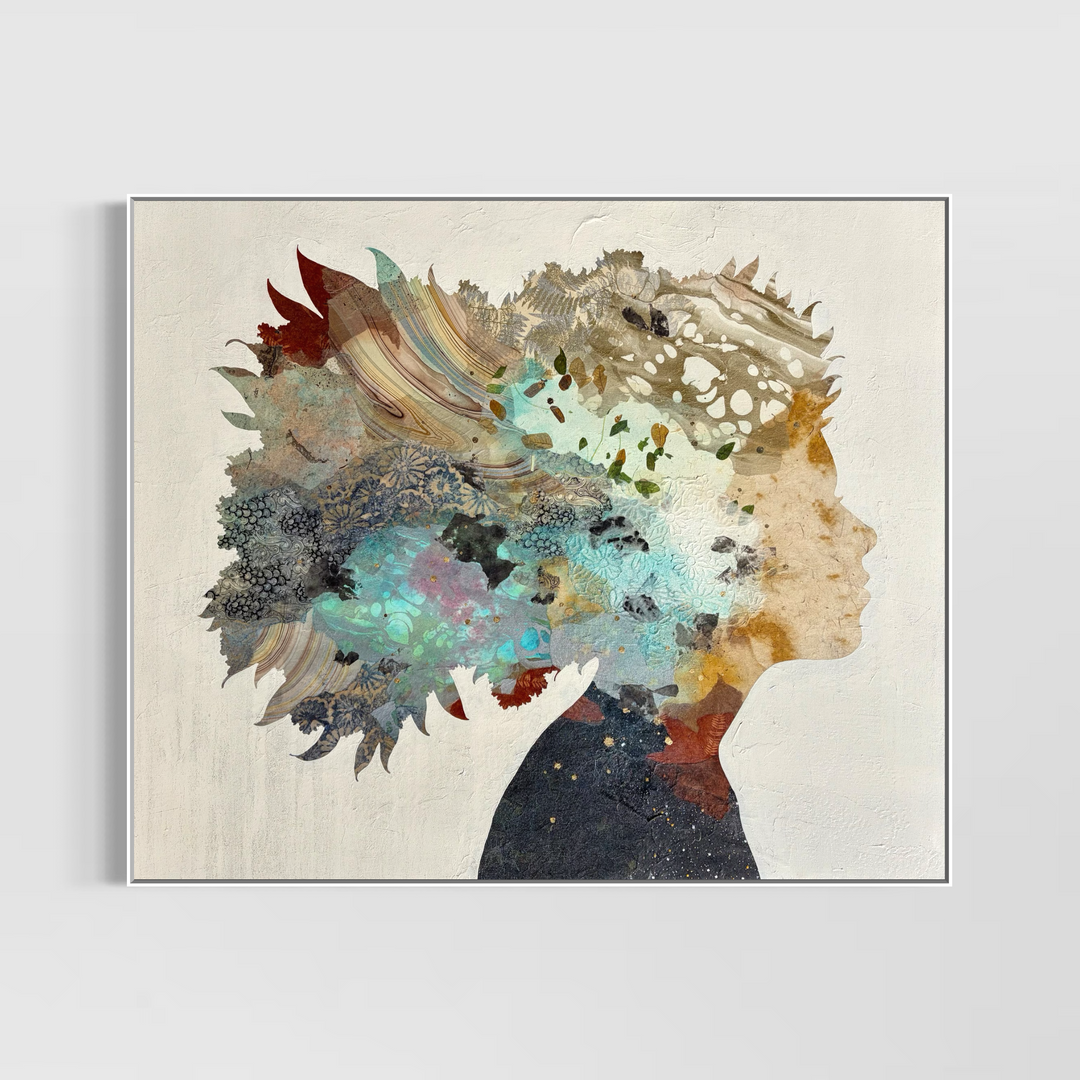 "Born to Bloom" by Christopher Peter — a mixed-media collage painting on canvas depicting a woman&