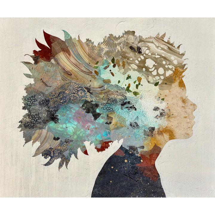 "Born to Bloom" by Christopher Peter — a mixed-media collage painting on canvas depicting a woman&