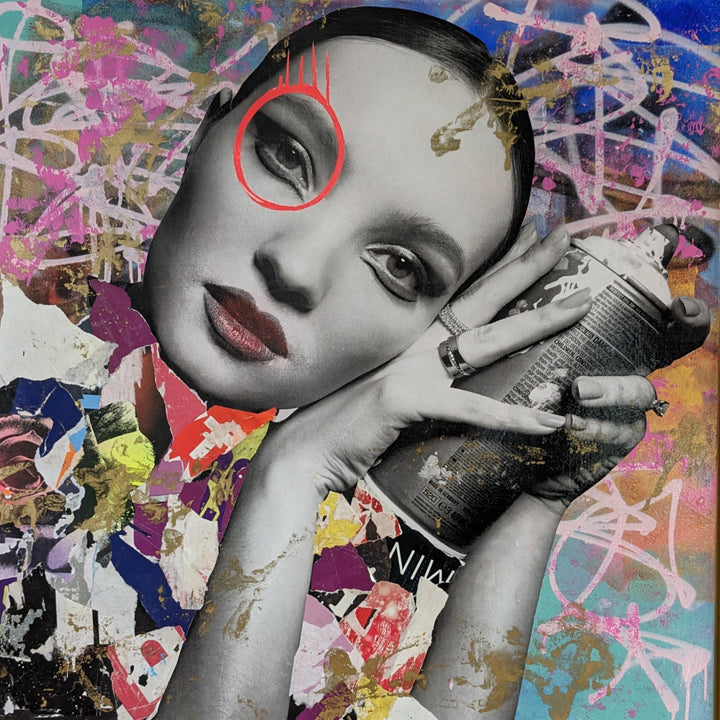 36" x 36" Acrylic paint, spray paint, wheat-paste, vintage advertisements, printed fragments on canvas. Woman posed with a paint can surrounded by colorful graphics with DAIN&