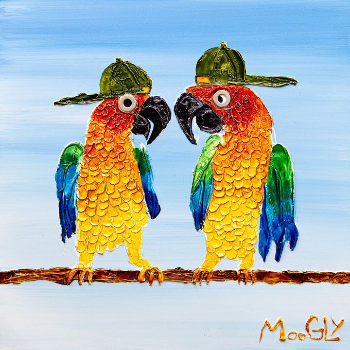 Acrylic and resin 17" x 17" Be 2 Be matted painting by Moogly. Light blue background with two animated colorful parrots wearing backwards hats.