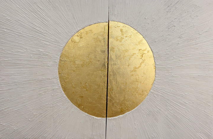 Beaming Duo by Lee in Cerulean. Textured diptych with white acrylic joint compound, lines emanating from center and beaming outwards with shiny gold circle in the middle