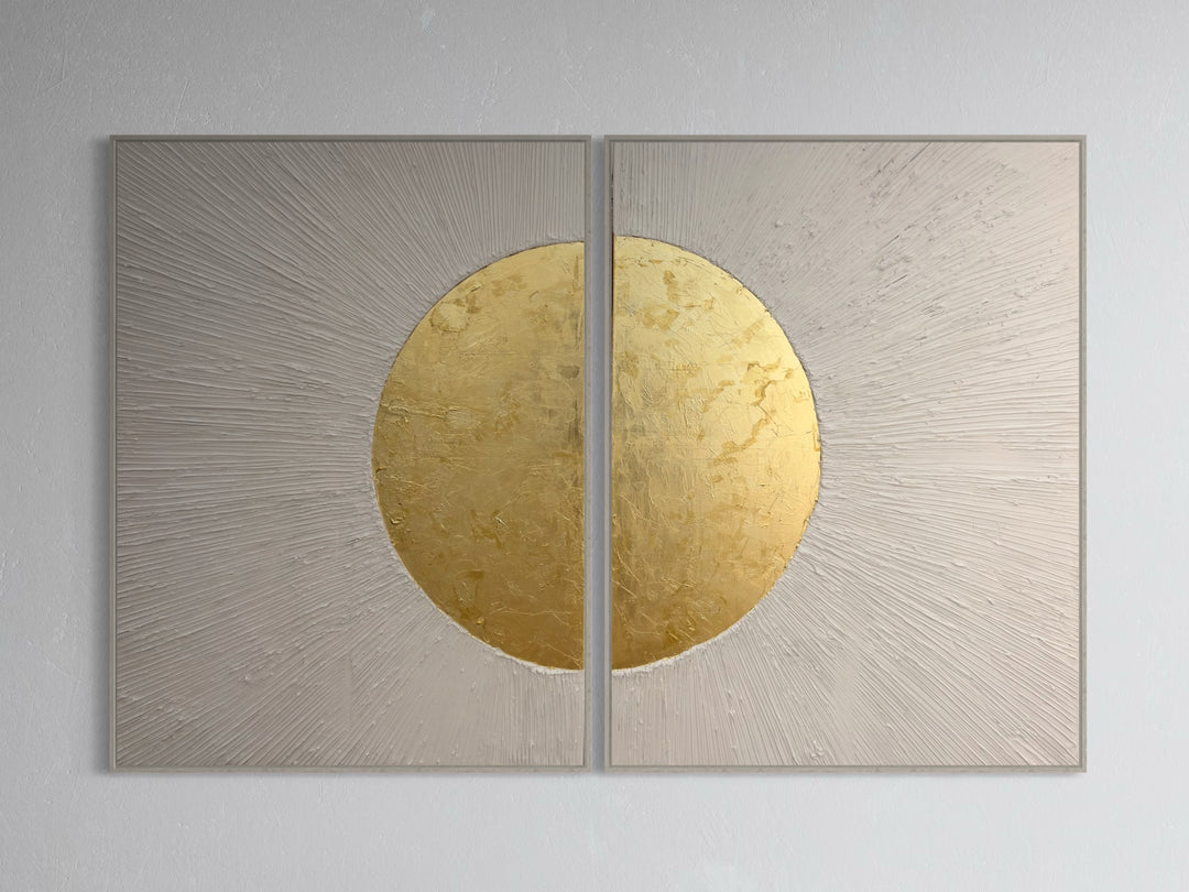 Beaming Duo by Lee in Cerulean. Textured diptych with white acrylic joint compound, lines emanating from center and beaming outwards with shiny gold circle in the middle