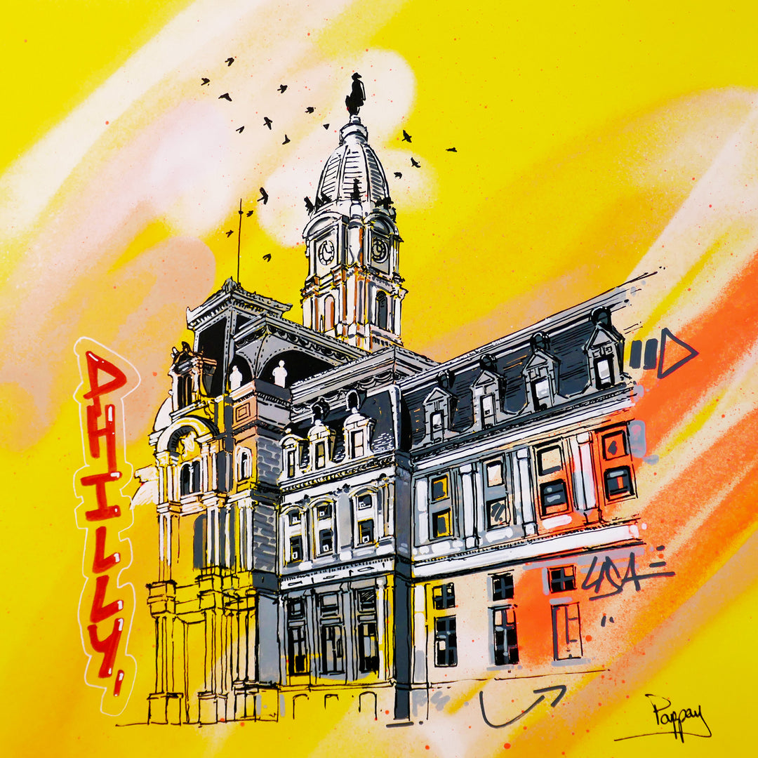 city hall illustration graphic pop graffiti on yellow spray paint orange background birds fling above