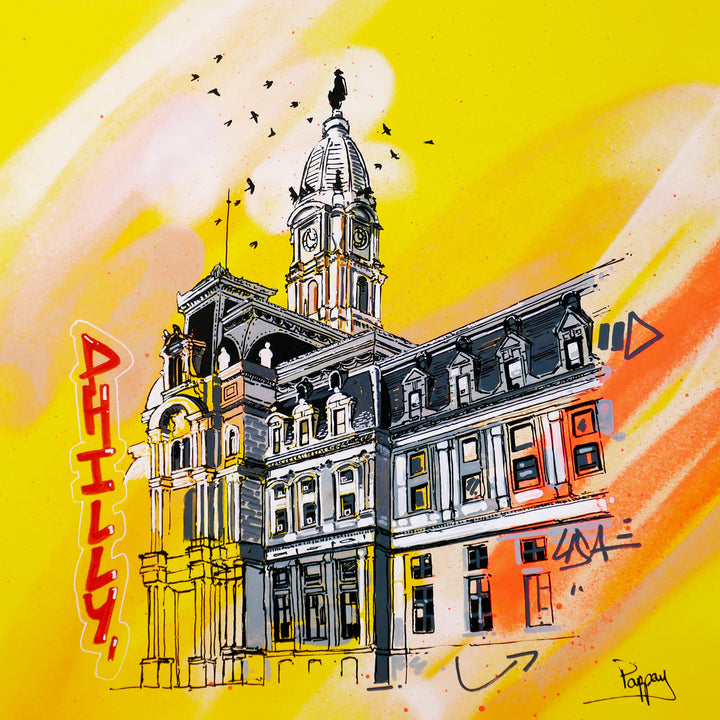 city hall illustration graphic pop graffiti on yellow spray paint orange background birds fling above