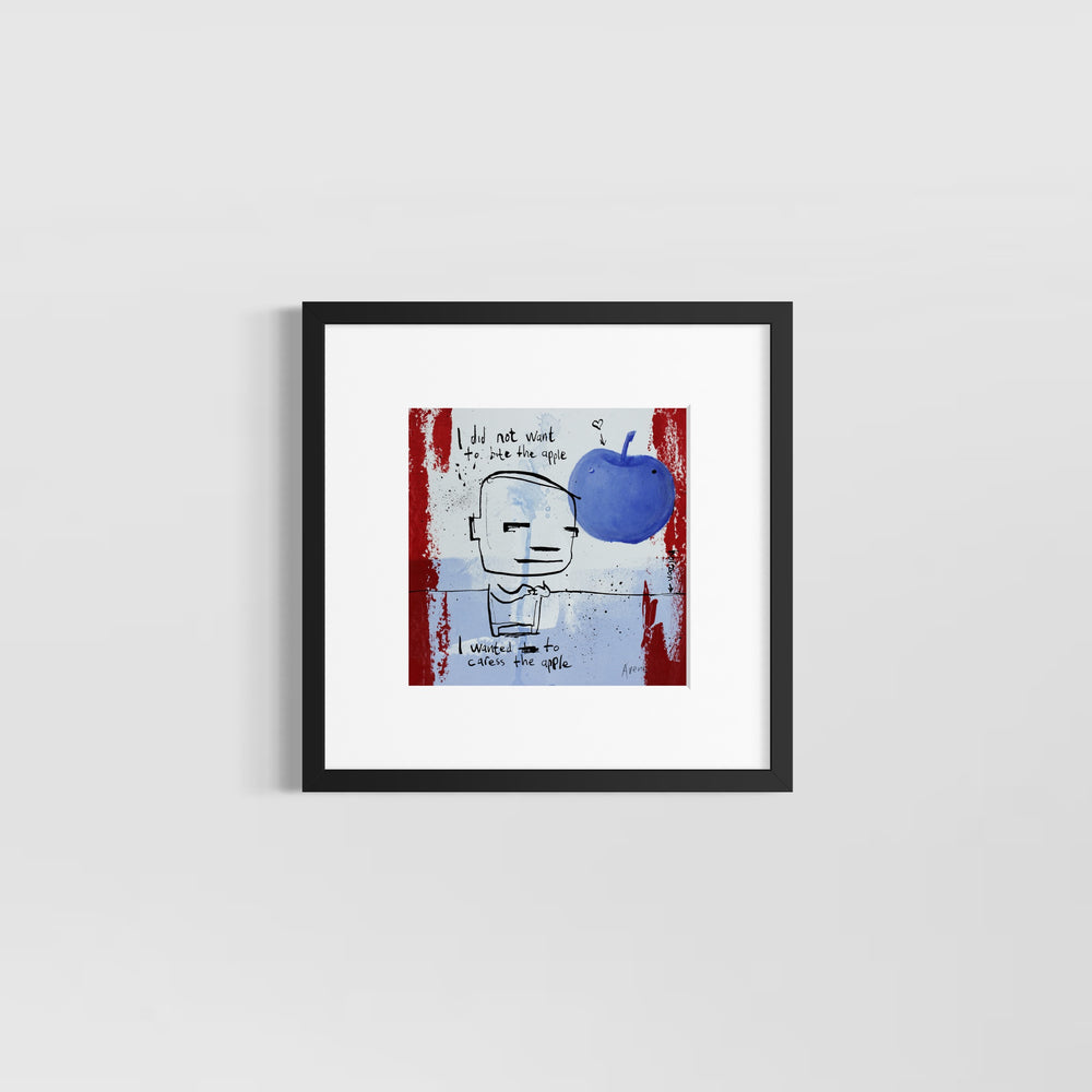 Comic doodle illustration in ink with red and blue line drawing figures funny humor  apple heart 
