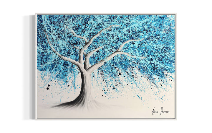tree trunk and branches in black and white realistic with paint splattered blue expressionist abstract leaves acrylic in light blue and dark on white background