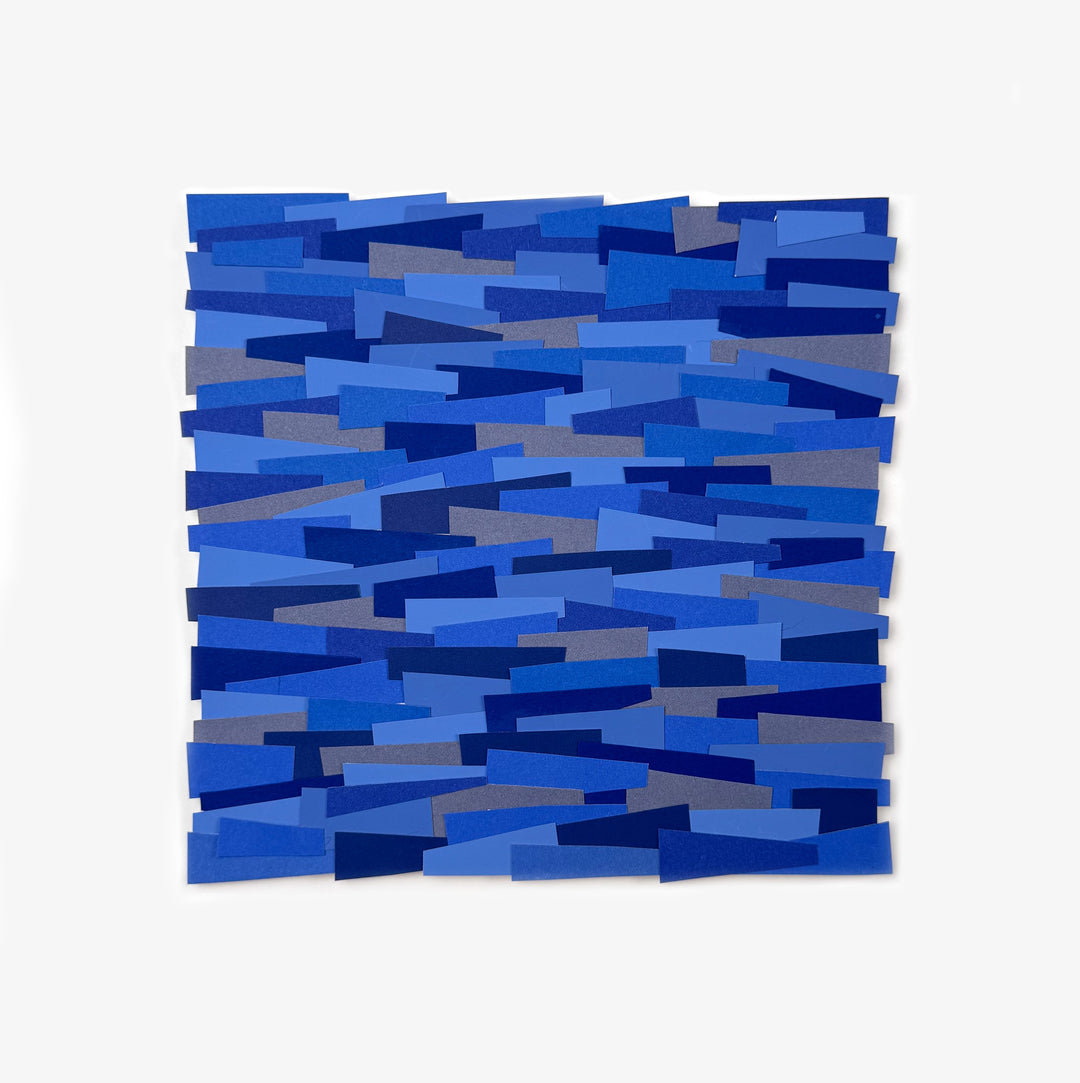 blue shades in light and dark cut paper collage strips in square shape
