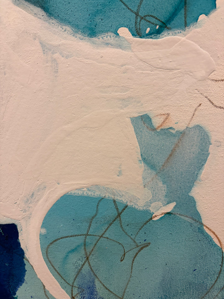 Close-up detail of "Blue Beach Glass 1" by Liz Barber, showing cream and teal pigment with delicate graphite mark-making on canvas