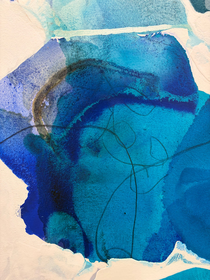 Close-up detail of "Blue Beach Glass 1" by Liz Barber, highlighting graphite line work over deep blue and teal watercolor washes
