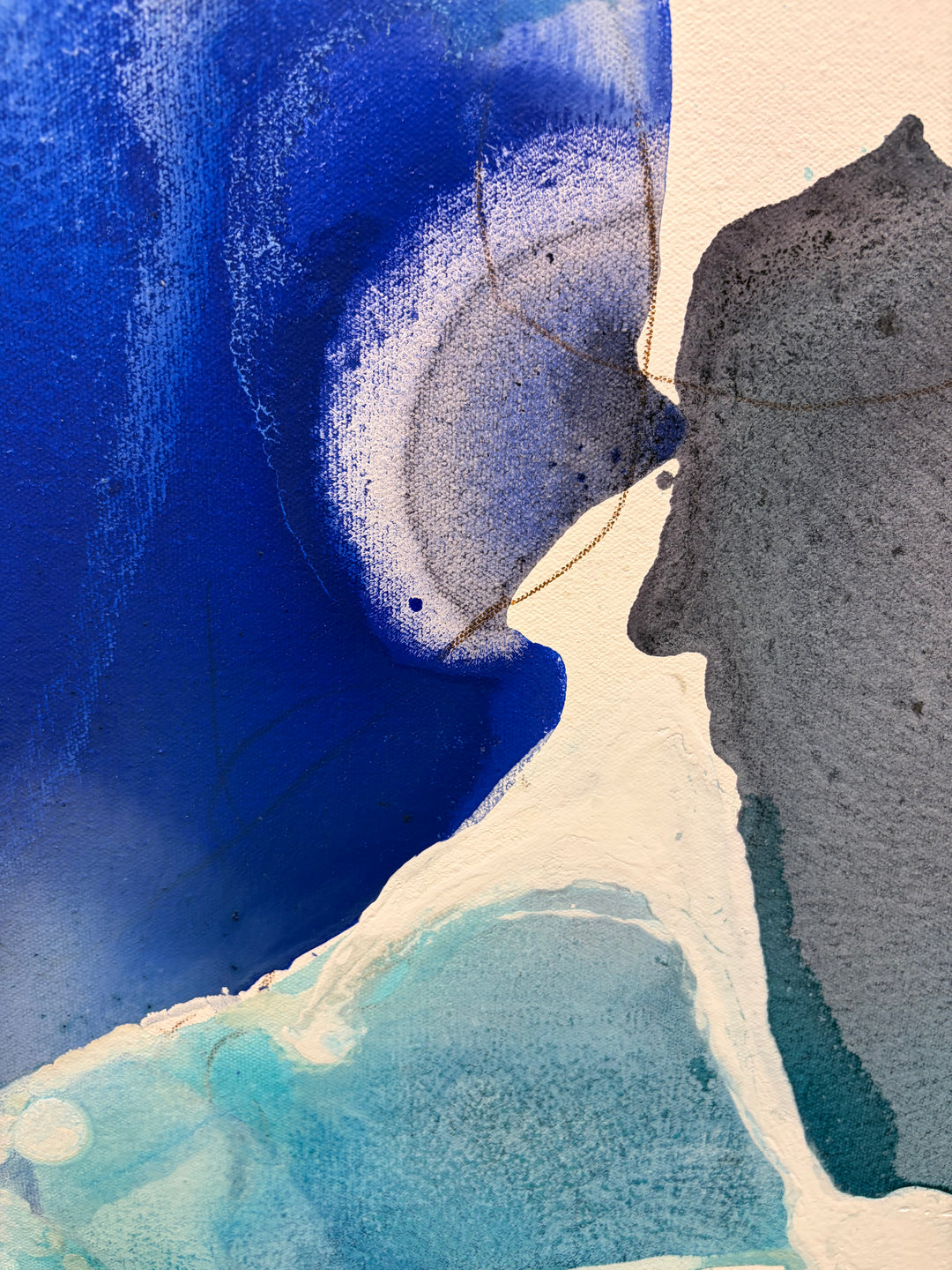 Close-up detail of "Blue Beach Glass 1" by Liz Barber, showing the interplay of deep blue and gray pigment with fine graphite marks on raw canvas