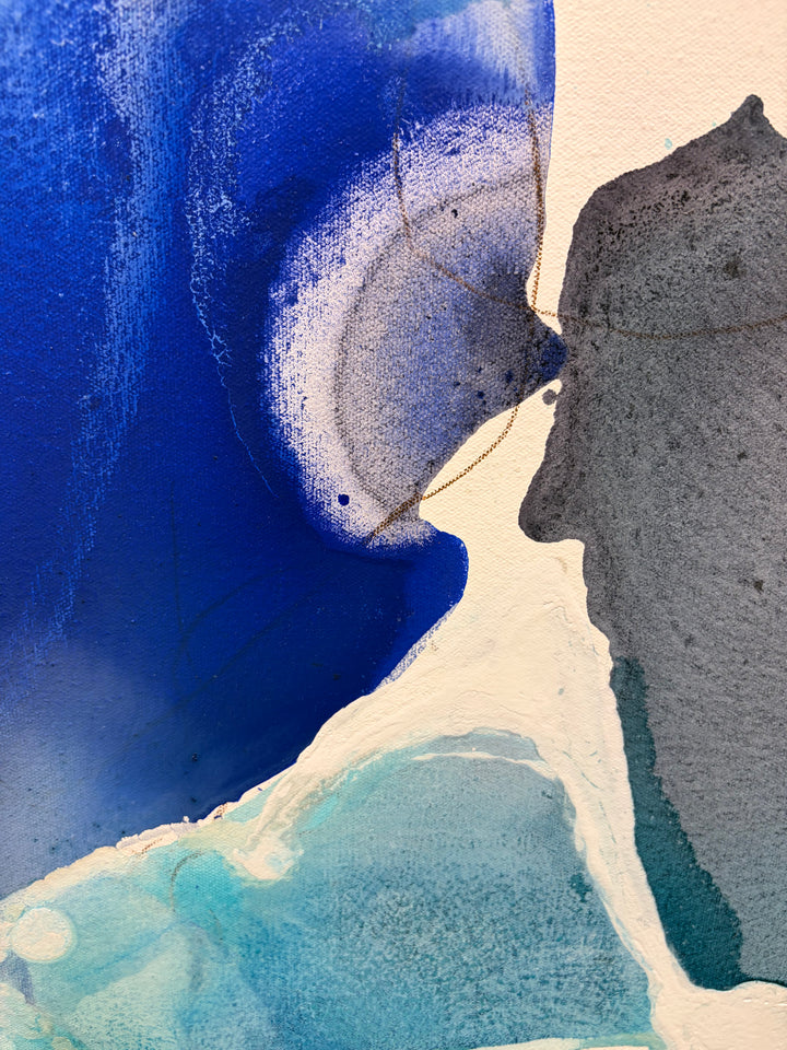 Close-up detail of "Blue Beach Glass 1" by Liz Barber, showing the interplay of deep blue and gray pigment with fine graphite marks on raw canvas
