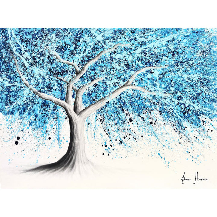 tree trunk and branches in black and white realistic with paint splattered blue expressionist abstract leaves acrylic in light blue and dark on white background