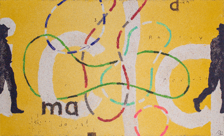 36"x60" abstract piece using crushed volcanic rock and acrylic paint featuring abstract forms over yellow background. 