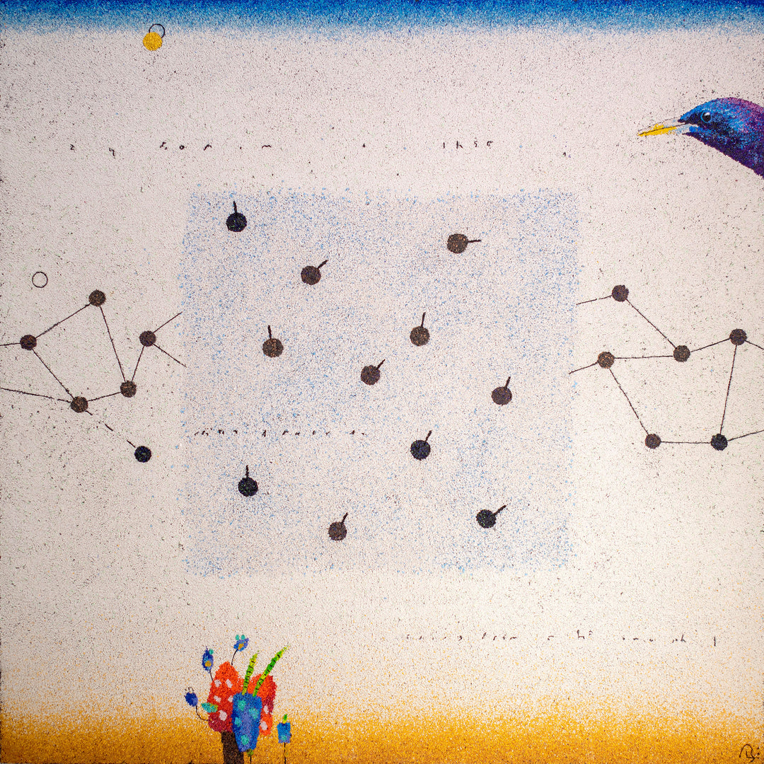 A mostly white background with black circles, a bird&