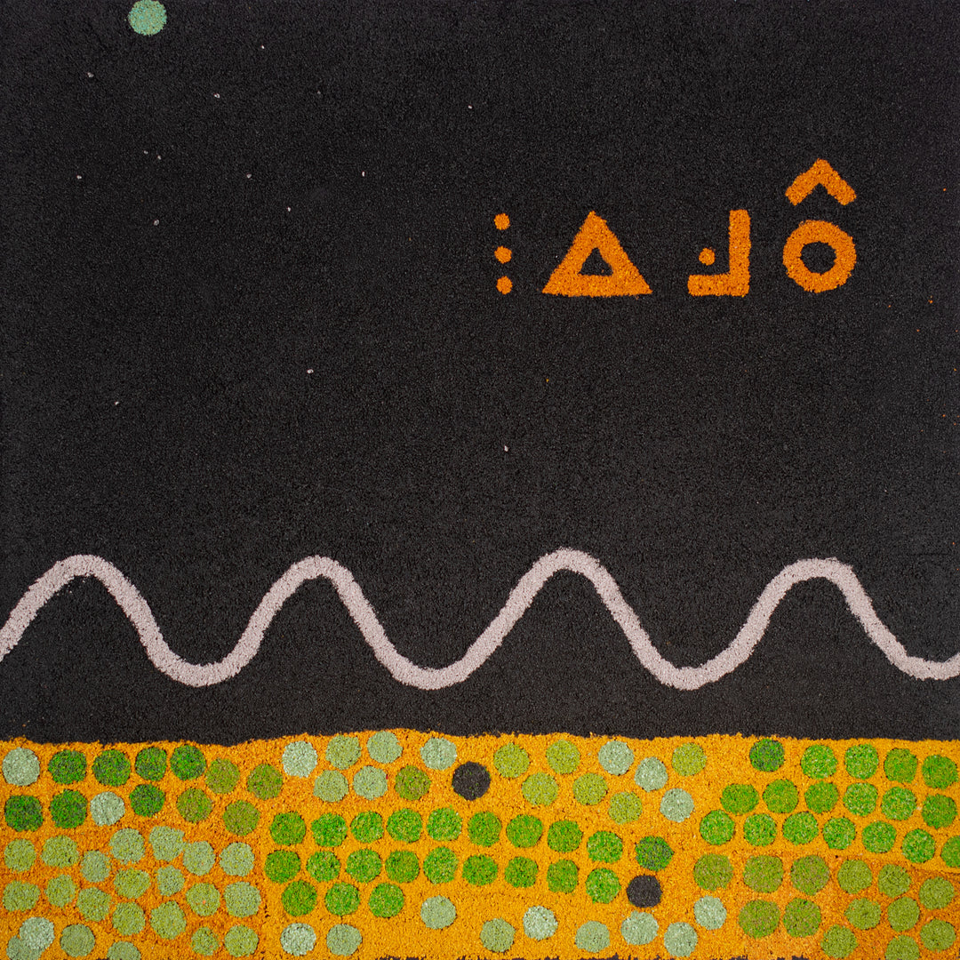 30"x30" abstract piece using crushed volcanic rock and acrylic paint with abstract forms over a black background. 