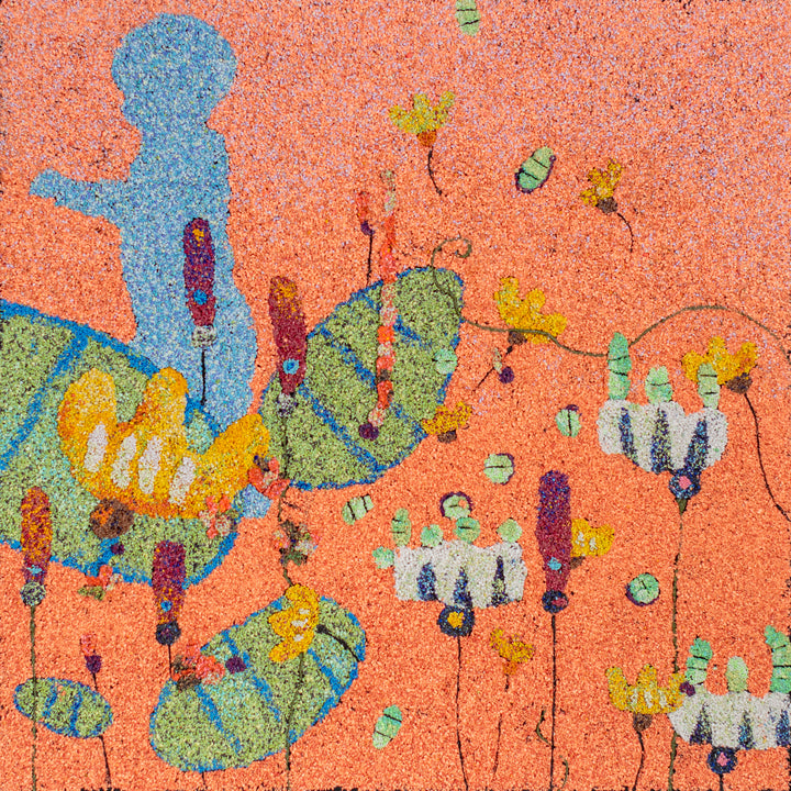 20"x20" abstract piece using crushed volcanic rock and acrylic paint with a child&