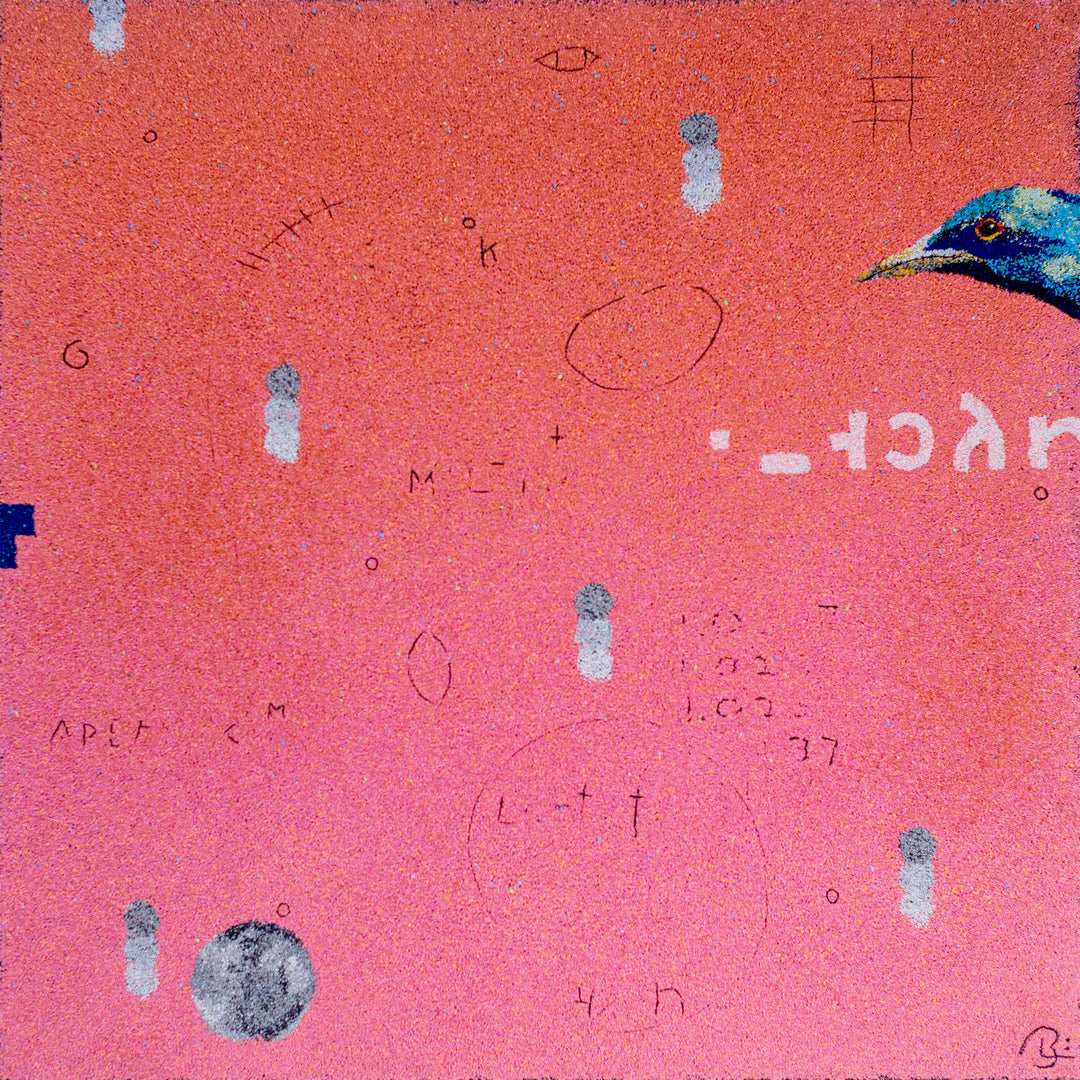 36"x36" abstract piece using crushed volcanic rock and acrylic paint with a bird and abstract forms over a pink and orange background. 