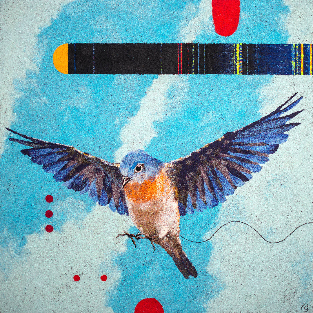 Bluebird
Contemporary art
Mixed media
Abstract elements
Volcanic rock
Canvas painting
Colorful
Nature-inspired
Blue skies
Red accents
Bold patterns
Bird in flight
Art installation
Symbolism
Modern art
Detailed bird illustration
Geometric forms
Vibrant colors
Fine art
