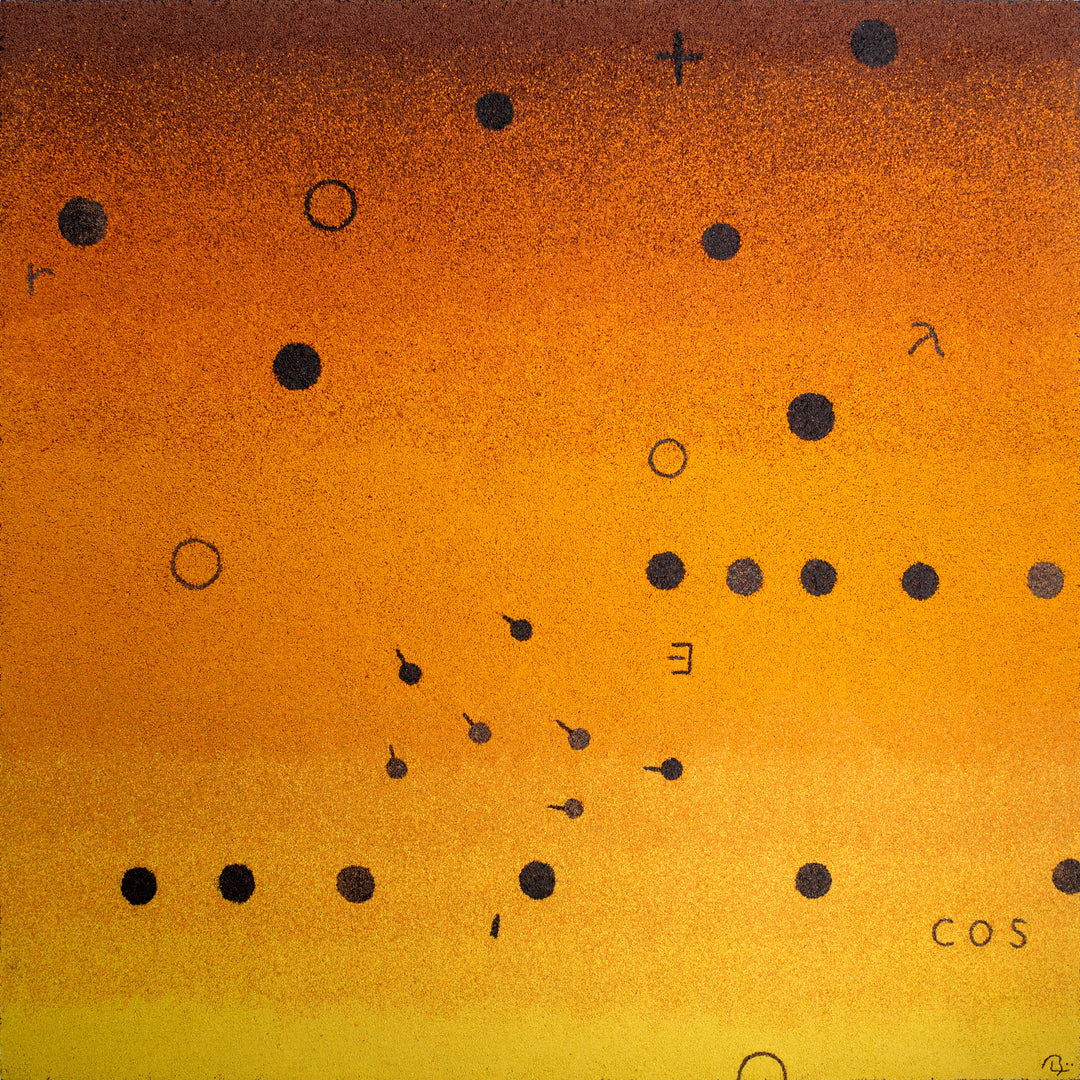 60"x60" abstract piece using crushed volcanic rock and acrylic paint with abstract forms over an orange ombré background. 