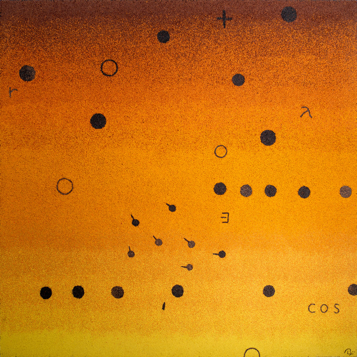 60"x60" abstract piece using crushed volcanic rock and acrylic paint with abstract forms over an orange ombré background. 
