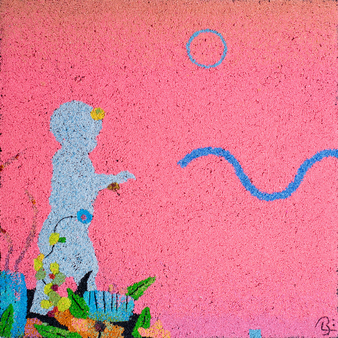 20"x20" abstract piece using crushed volcanic rock and acrylic paint with a child&