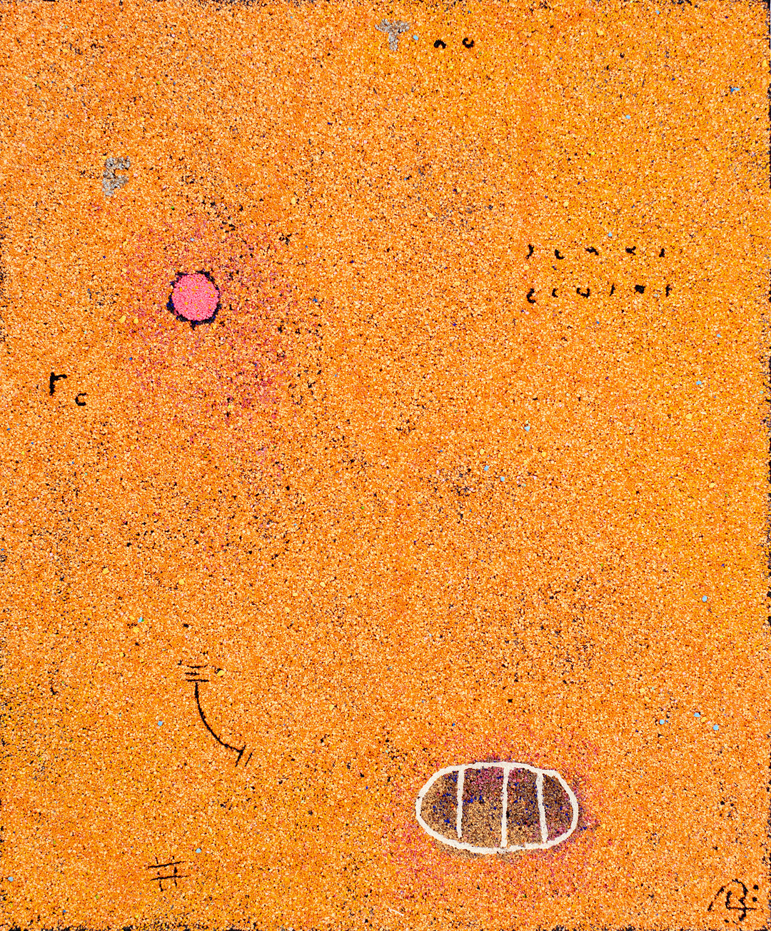 24"x20" abstract piece using crushed volcanic rock and acrylic paint featuring abstract forms over a yellow background. 