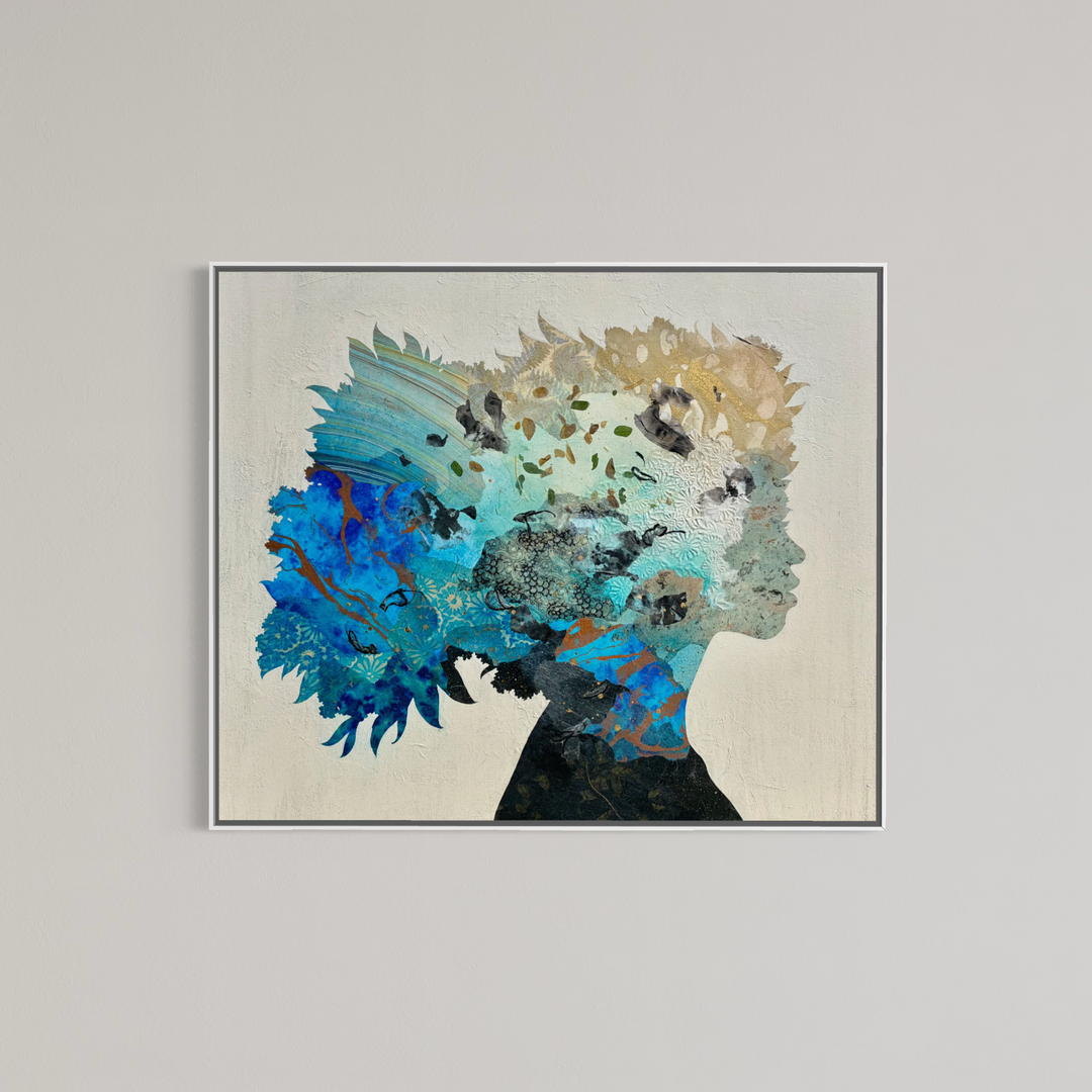 "Born to Bloom" by Christopher Peter — a mixed-media collage painting on canvas depicting a woman&