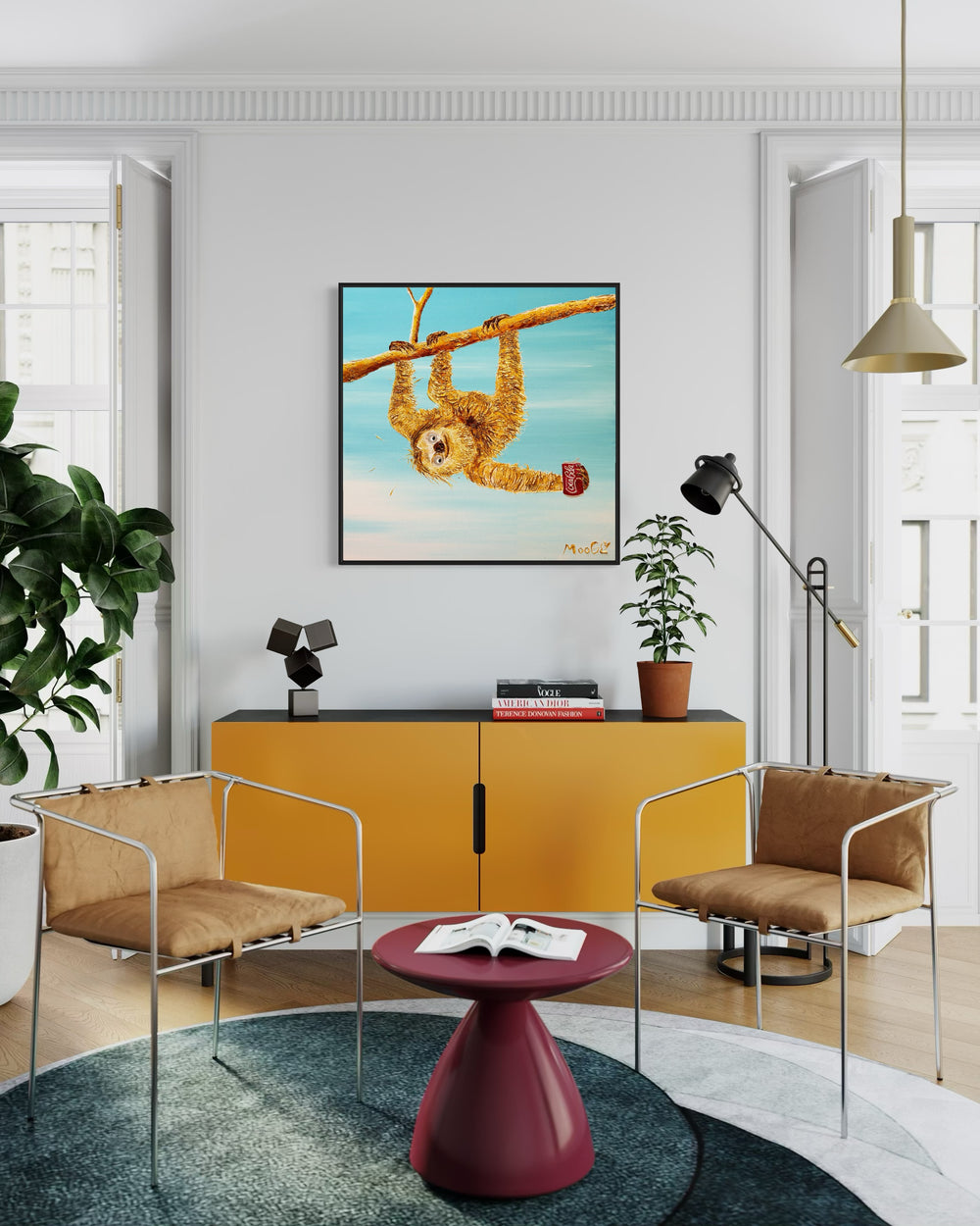 36" x 36" acrylic on canvas painting of a beige sloth hanging from a branch with a coca cola over a blue gradient background. 