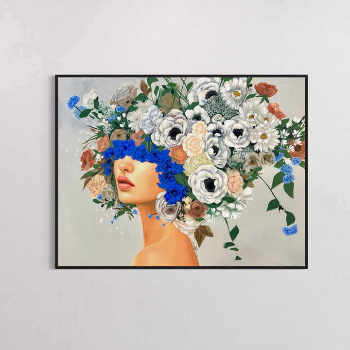  48"W x 36"H Acrylic portrait on canvas. Woman with the upper half of her face and hair covered in white, blue and terracotta flowers. 