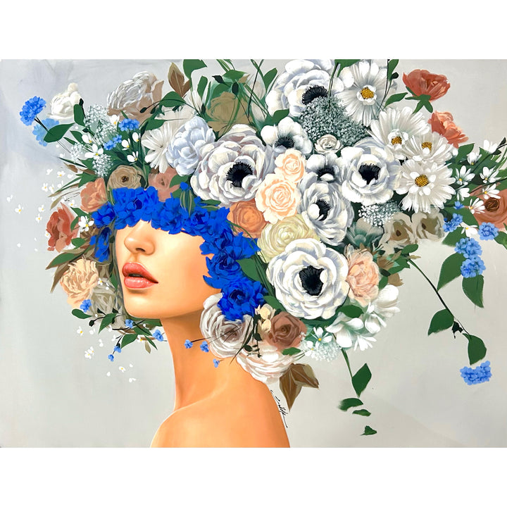  48"W x 36"H Acrylic portrait on canvas. Woman with the upper half of her face and hair covered in white, blue and terracotta flowers. 