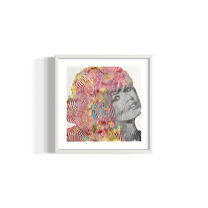 Brigette Bardot woman figurative portrait side view in vertical lines multi color hair red yellow blue 