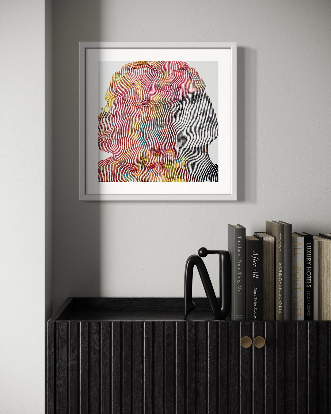 Brigette Bardot woman figurative portrait side view in vertical lines multi color hair red yellow blue 