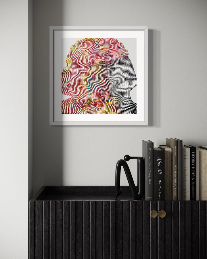 Brigette Bardot woman figurative portrait side view in vertical lines multi color hair red yellow blue 