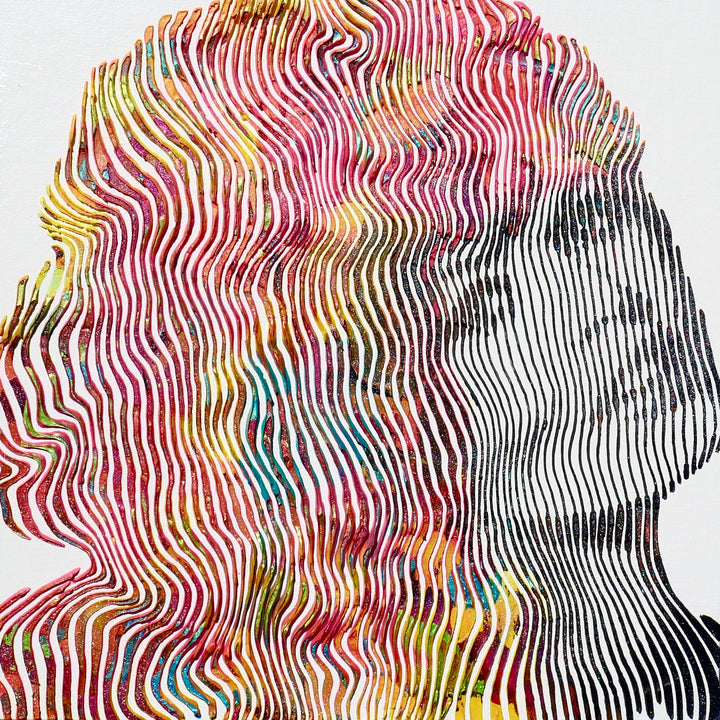 Brigette Bardot woman figurative portrait side view in vertical lines multi color hair red yellow blue 