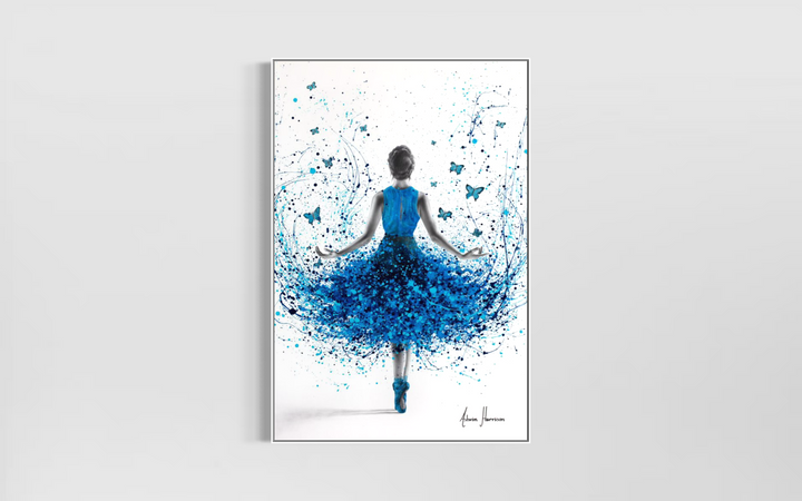 blue splatter acrylic expressionism realism ballerina in blue with butterflies on white canvas